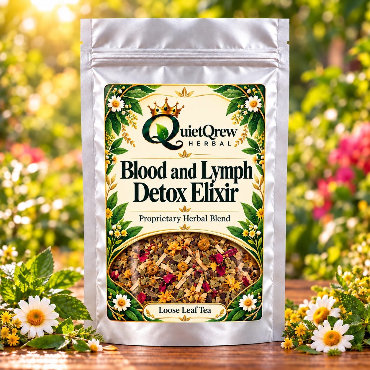 Blood and Lymph Detox Elixir — QuietQrew Herbal silver pouch packaging