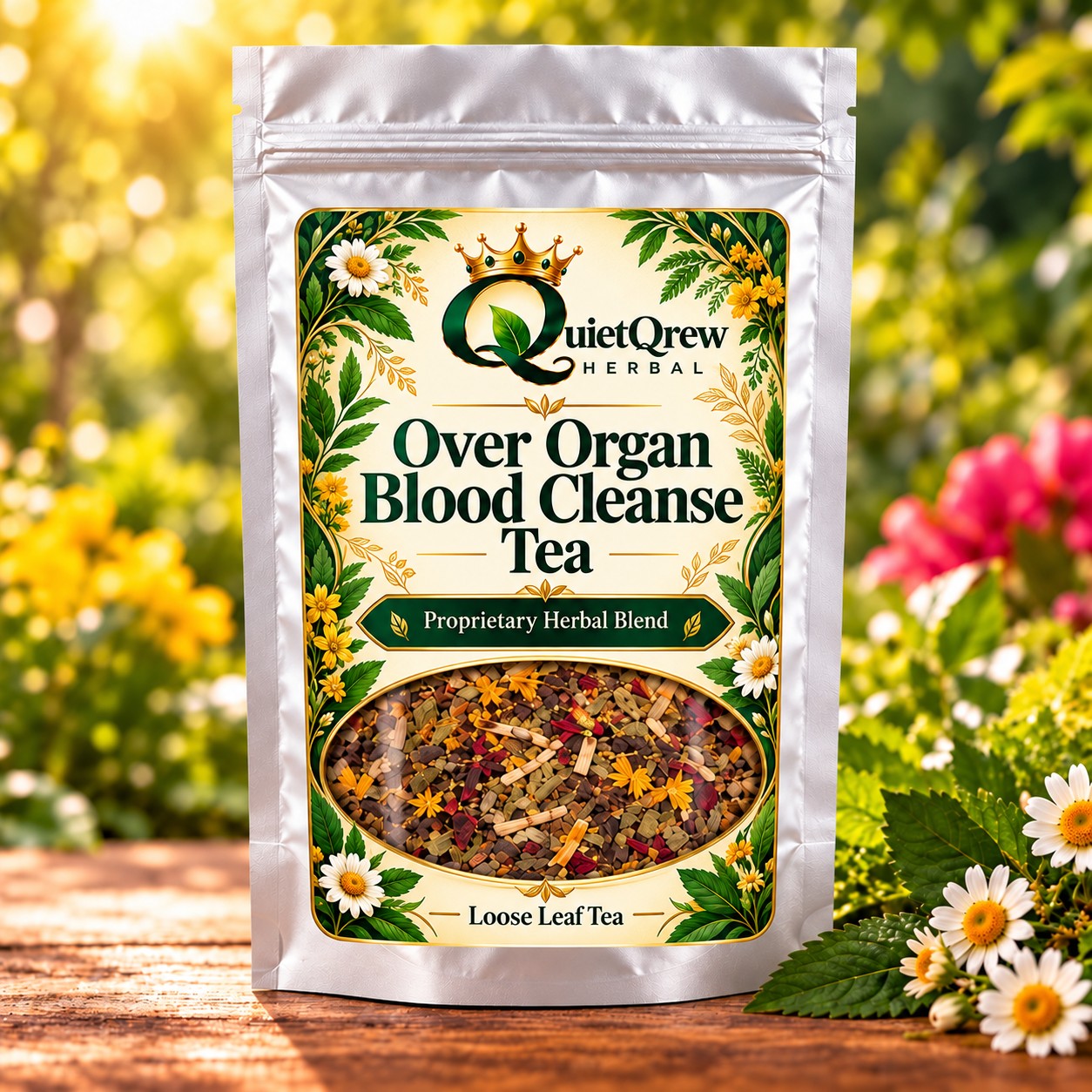 Over Organ Blood Cleanse Tea — QuietQrew Herbal silver pouch packaging