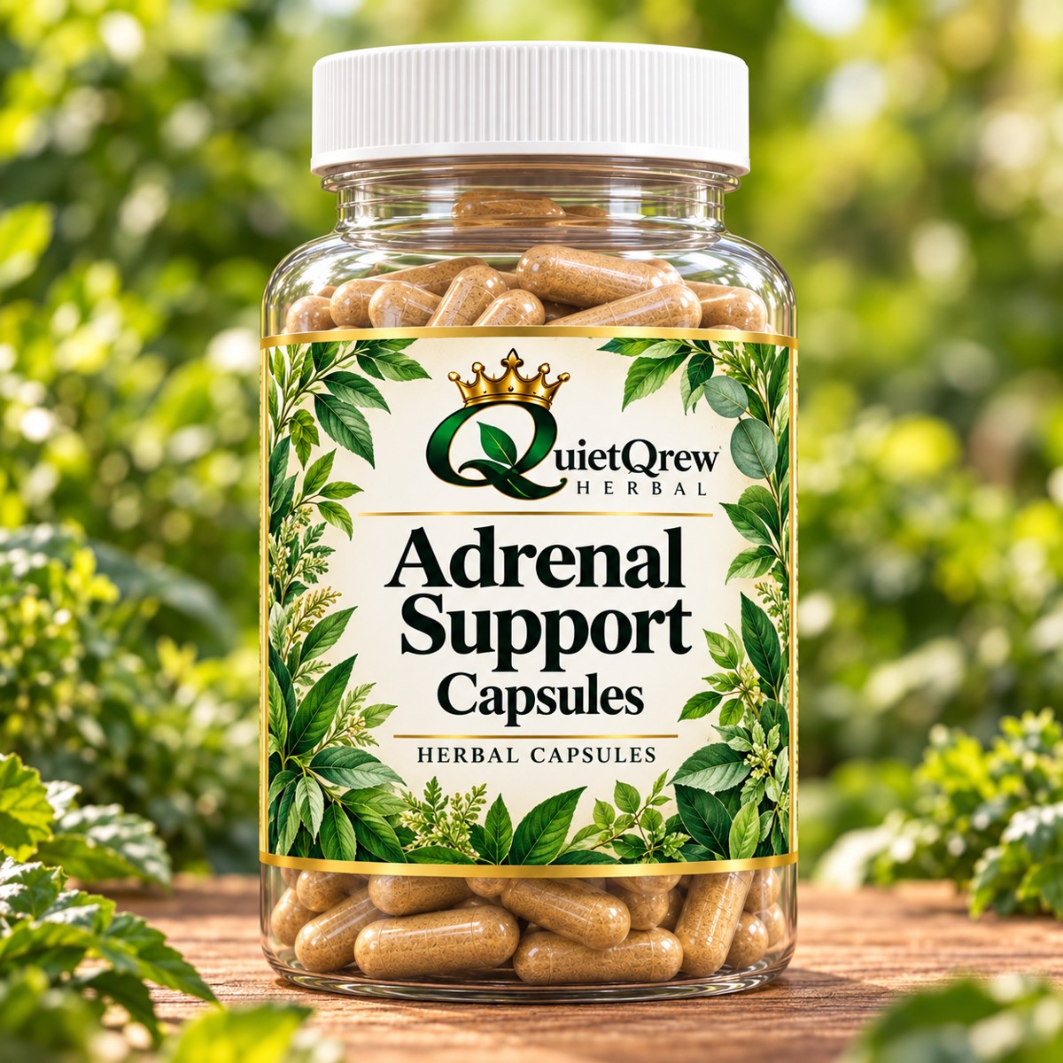 Adrenal Support Capsules — QuietQrew Herbal clear capsule bottle