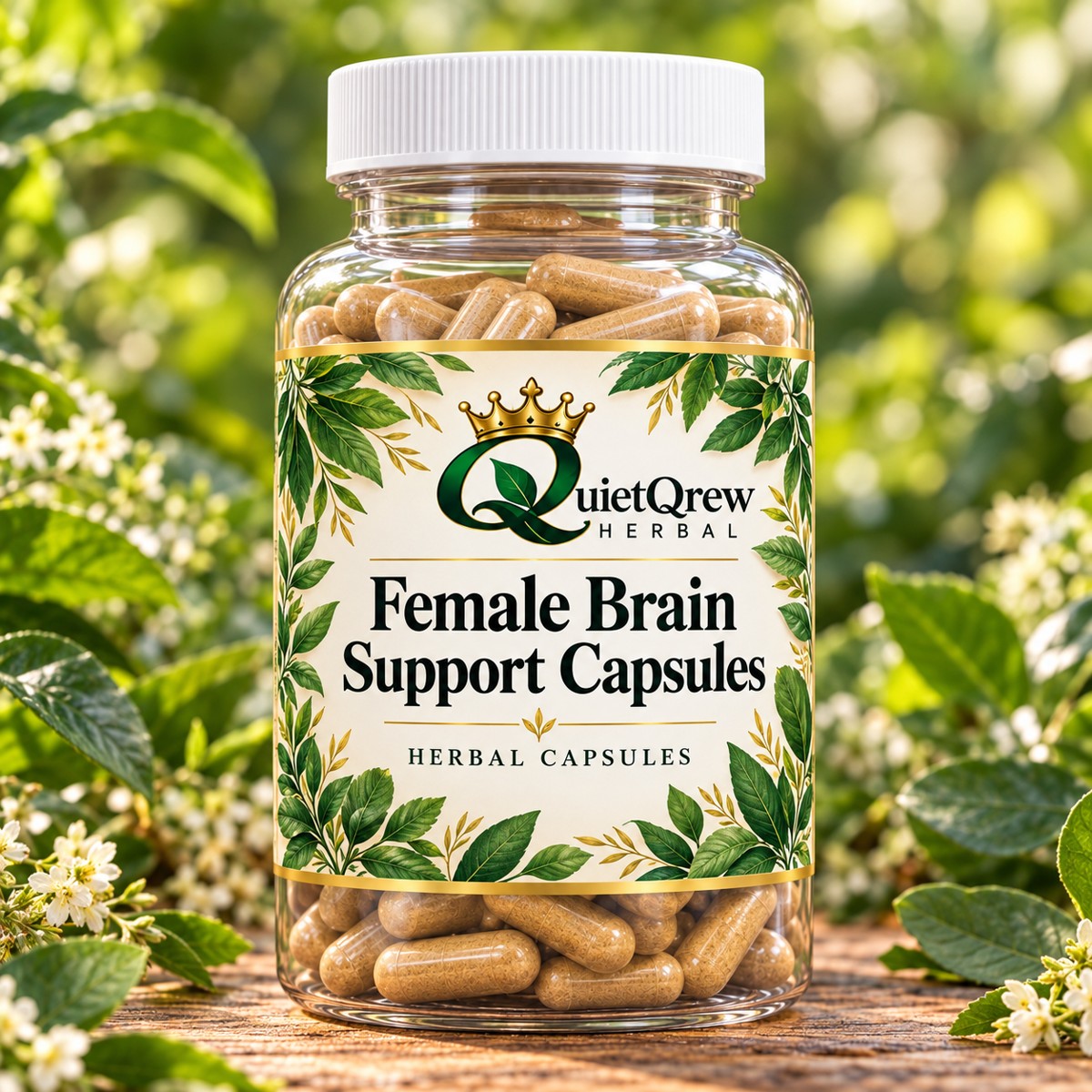 Female Brain Support Capsules — QuietQrew Herbal clear capsule bottle