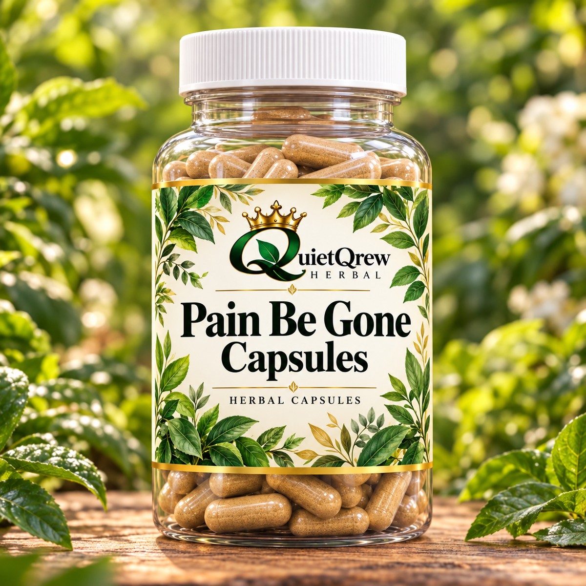 Pain Be Gone Capsules (Natural Aspirin) — QuietQrew Herbal clear capsule bottle