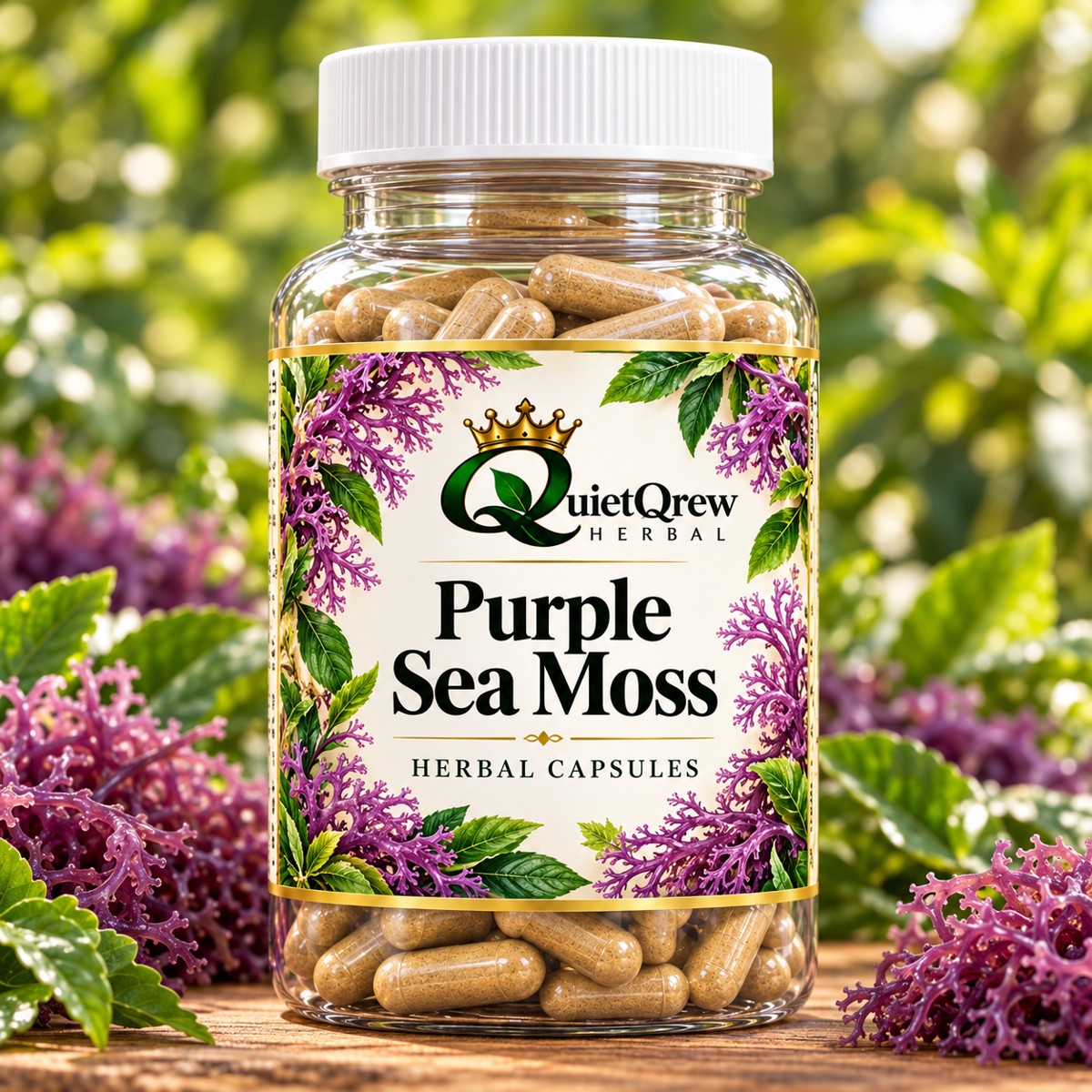 Raw CUT GRANULATED Purple Sea Moss 100% Organic CAPSULES — QuietQrew Herbal clear capsule bottle