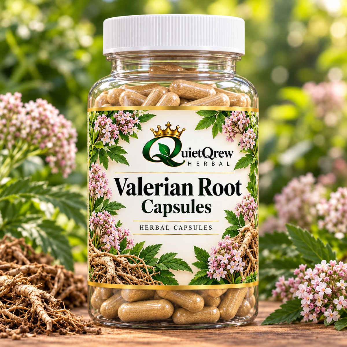 Valerian Root Capsule 100% Organic Herb — QuietQrew Herbal clear capsule bottle