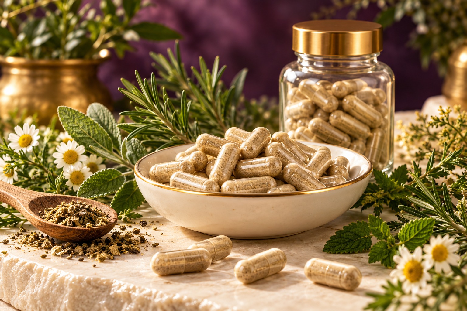 Herbal capsules in a gold-rimmed dish surrounded by fresh herbs and chamomile against a purple background