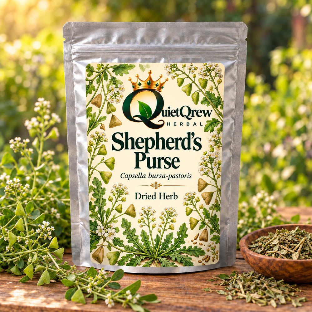 Shepherd's Purse — Capsella bursa-pastoris — QuietQrew Herbal label