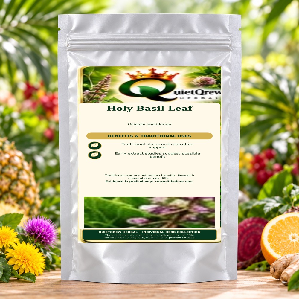 Holy Basil Leaf — Ocimum tenuiflorum — QuietQrew Herbal label