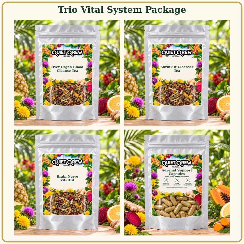 Trio Vital System Package — QuietQrew Herbal silver pouch packaging
