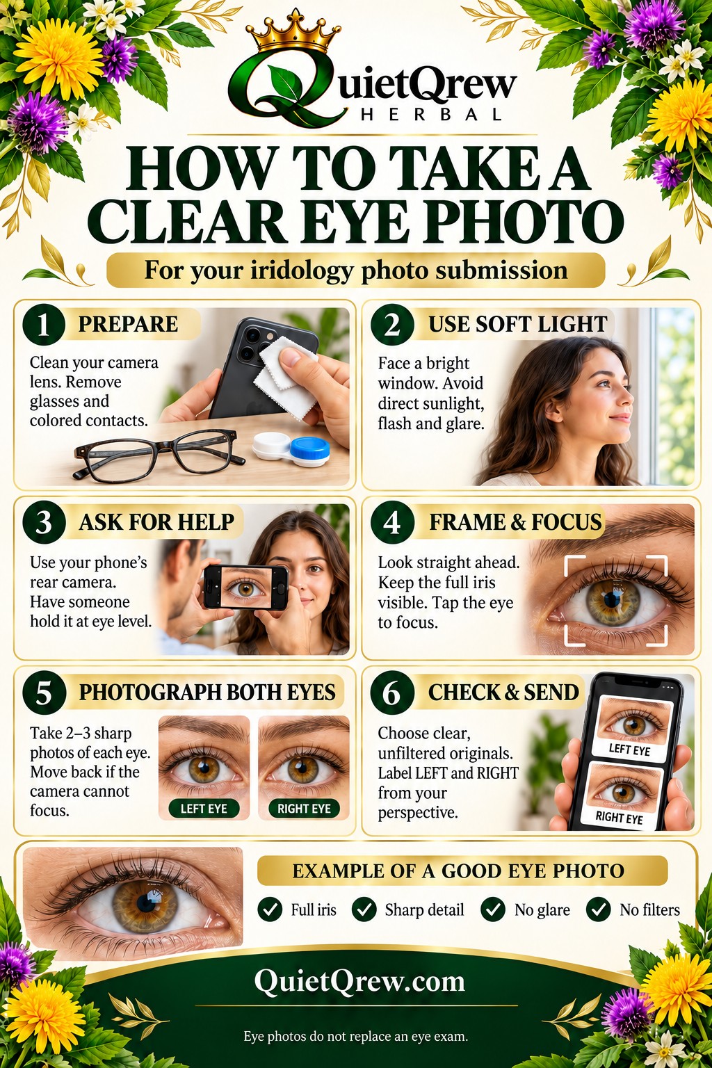 QuietQrew Herbal six-step guide: clean your camera lens and remove glasses and colored contacts; use soft window light without flash; ask someone to use the rear camera at eye level; frame the full iris and tap to focus; take two to three photos of each eye; send clear unfiltered originals labelled left and right from your perspective. Eye photos do not replace an eye exam.